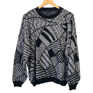 Vintage 80s Black White Geometric knit Sweater size XL unisex